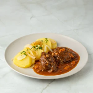 Carrillera de cerdo en salsa con patatas